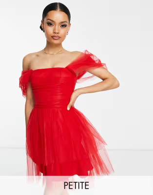 Lace & Beads Petite exclusive off shoulder wrapped tulle mini dress in pillarbox red | ASOS (Global)