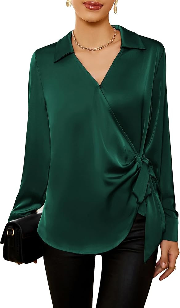 GRACE KARIN Women's Satin Silk Blouses Wrap V Neck Shirts Long Sleeve Elegant Tie Waist Office Fo... | Amazon (US)