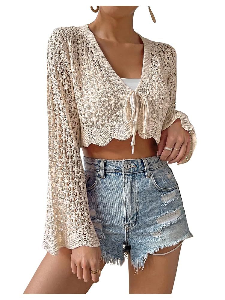 GORGLITTER Women's Crochet Tie Front Tops Bell Long Sleeve Cropped Cardigan Summer Beach Festival... | Amazon (US)