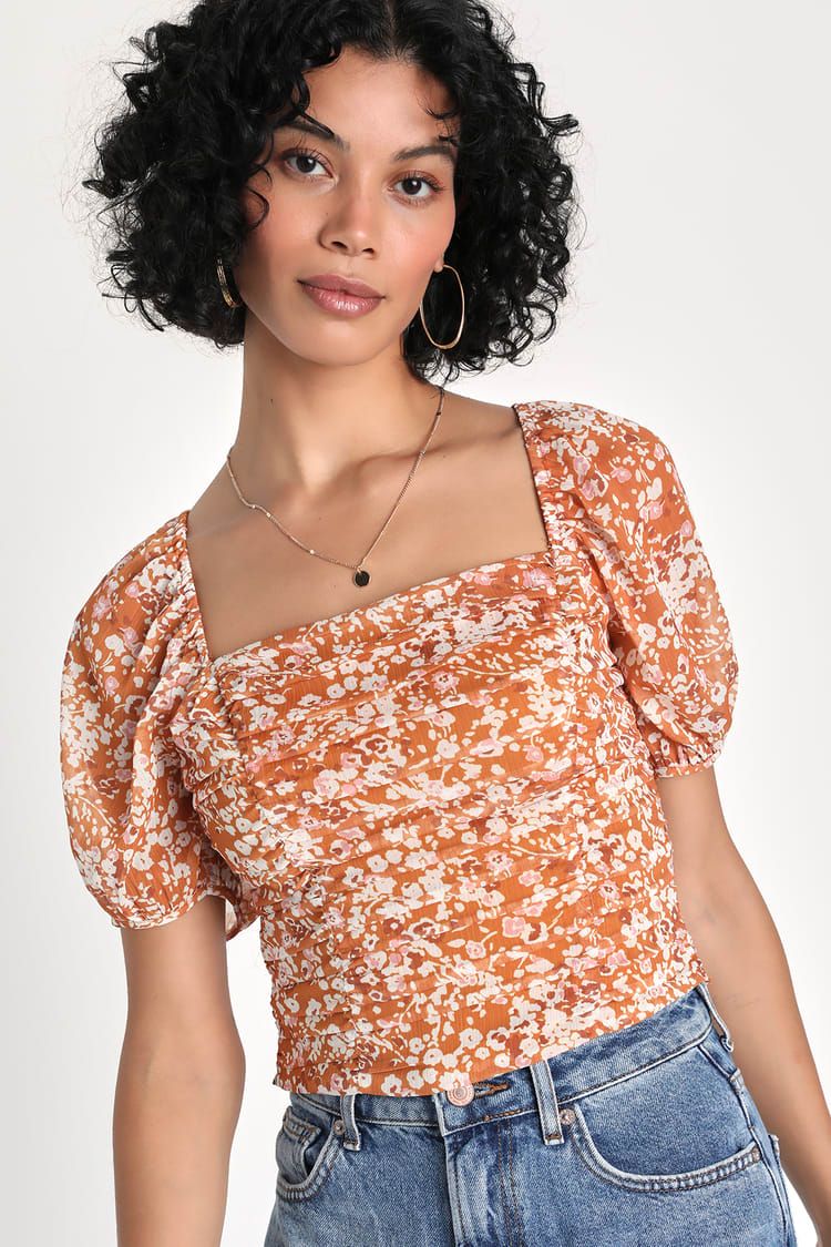 Sweet Appearance Rust Orange Floral Ruched Puff Sleeve Top | Lulus (US)