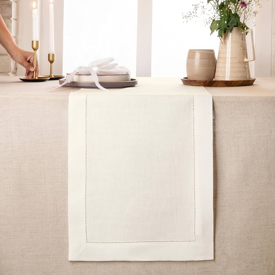 D'Moksha Homes Linen Table Runner 14 x 48 Inch - 100% Pure Linen Classic Hemstitch Ivory Table Ru... | Amazon (US)