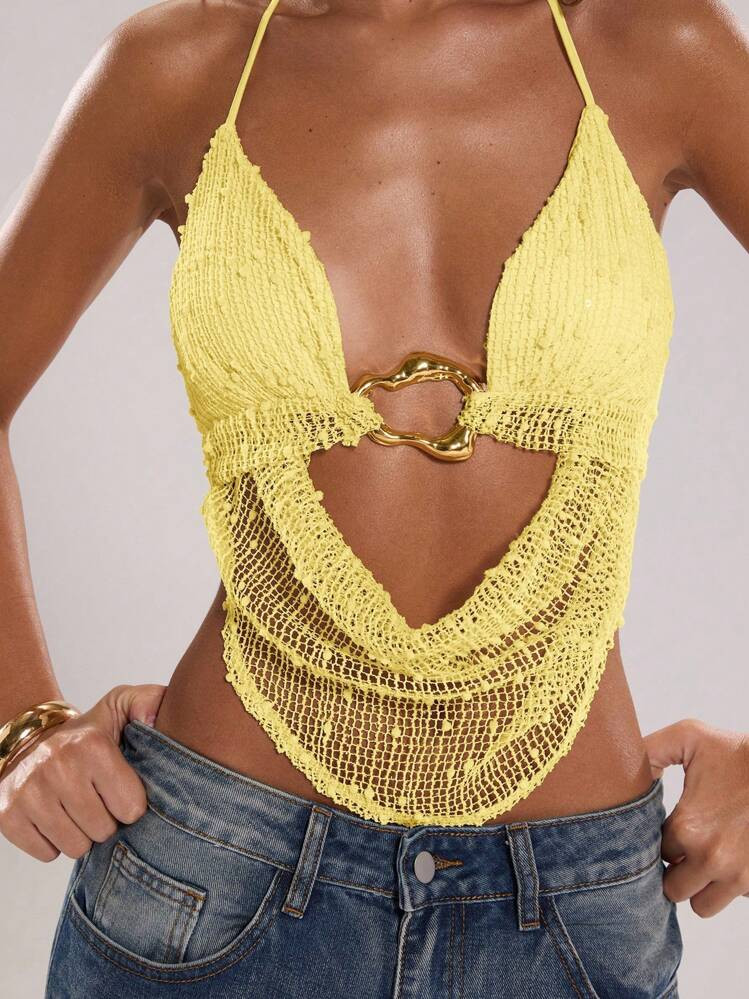 SHEIN BAE Women's Summer Sexy Bohemian Beach Vacation Concert Women Halter Neck Tie Metal Decoration Crochet Summer Tops, Summer For Women,Club Women Sexy | SHEIN