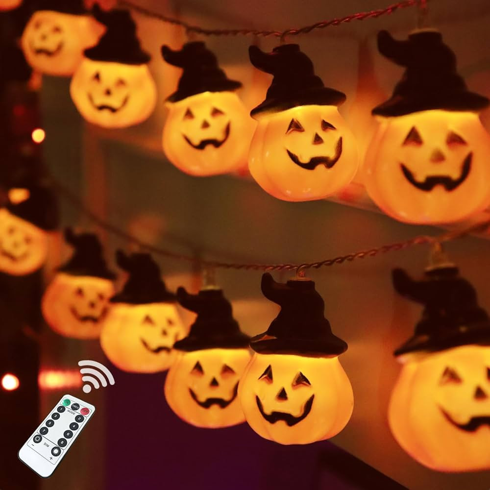 Halloween Pumpkin String Lights with Witch Hat, 20 LED 16.4FT 8 Modes Timer 3D Waterproof Orange ... | Amazon (US)