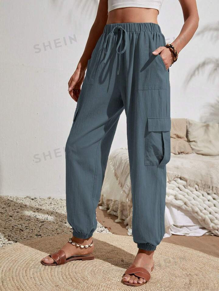 SHEIN VCAY Flap Pocket Side Knot Waist Cargo Pants | SHEIN