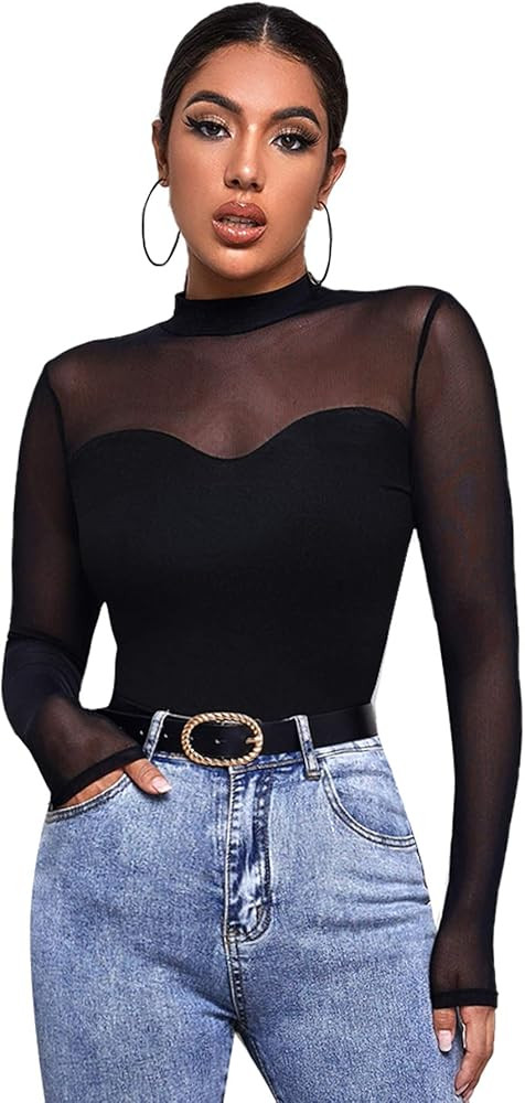 SOLY HUX Women's Sheer Mesh Long Sleeve Slim Fit Top Blouse | Amazon (US)