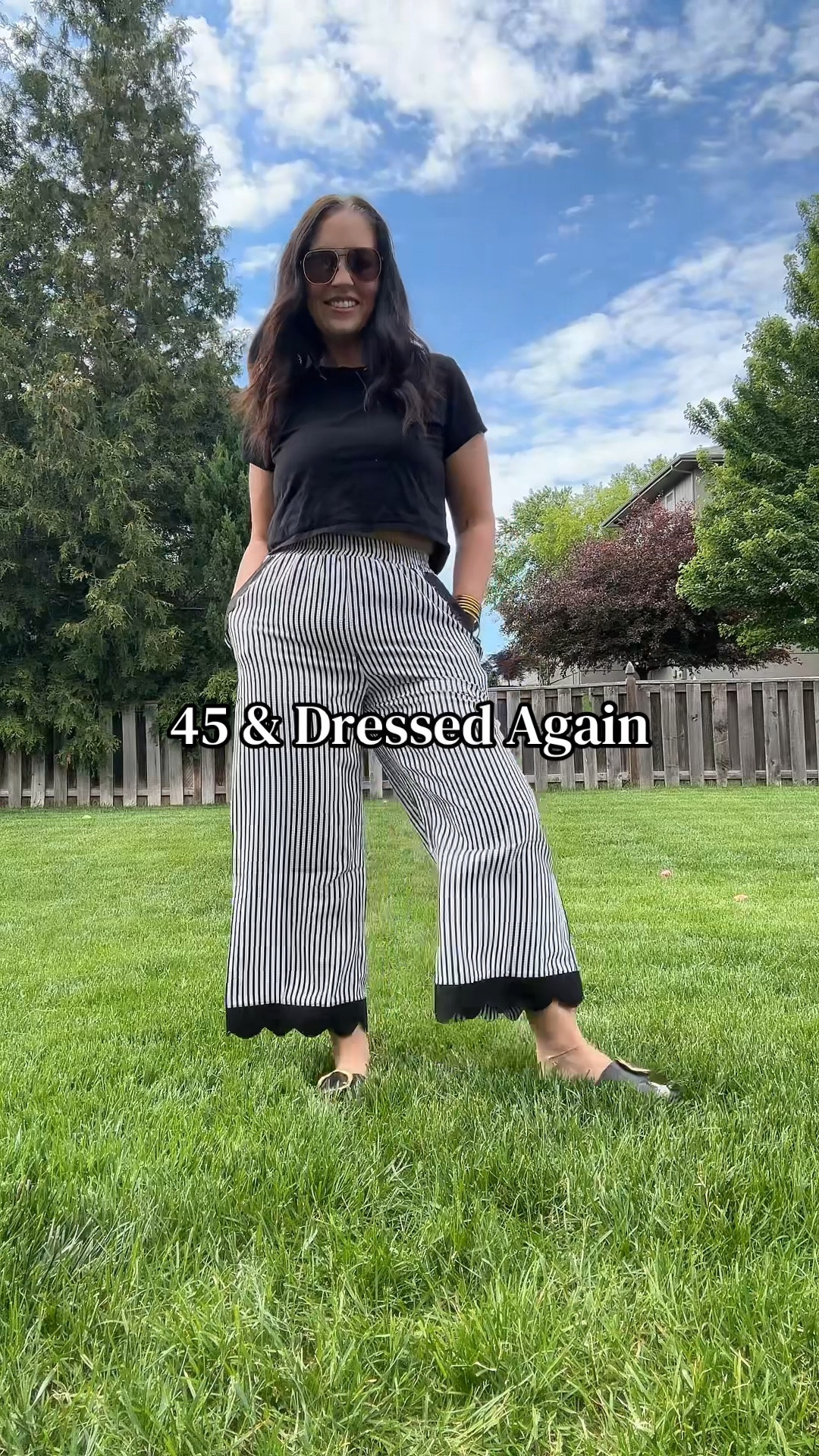 Cropped black tee and cute statement pants. 

#LTKootd #LTKMidsize #LTKOver40