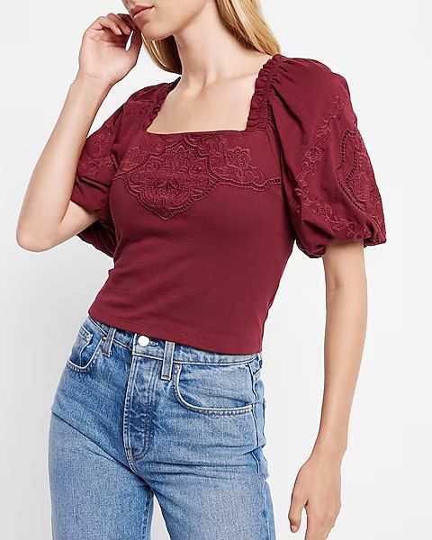 Embroidered Square Neck Puff Sleeve Top | Express