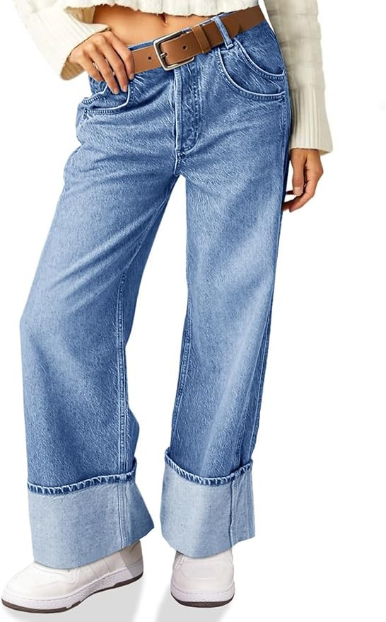 PLNOTME Womens Baggy Jeans Boyfriend Wide Leg Trendy Casual Mid Rise Cuffed Hem Denim Pants with ... | Amazon (US)