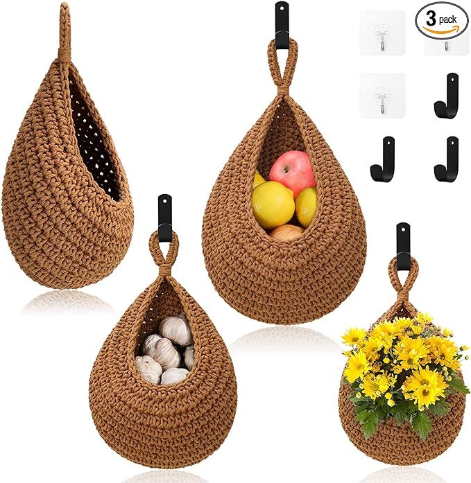 Hanging Fruit Baskets for Kitchen - 3 Pack Boho Wall Hanging Basket with 6 Pcs Strong Hooks, Hand... | Amazon (US)
