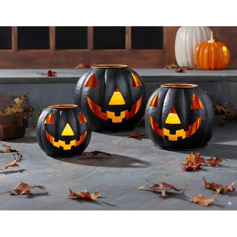 Halloween Metal Jack O Lanterns Pumpkin Set of 3 with LED Candles with Creepy Cloth Decoration Bu... | Walmart (US)