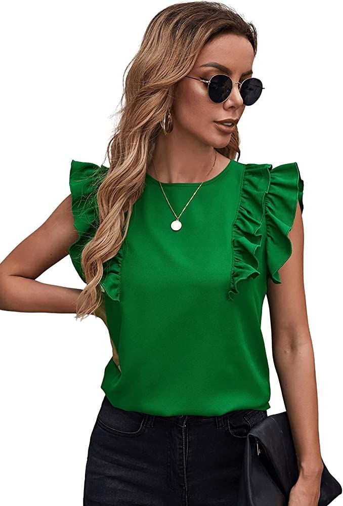 Milumia Women Elegant Ruffle Trim Butterfly Sleeve Blouse Round Neck Work Shirt Top | Amazon (US)