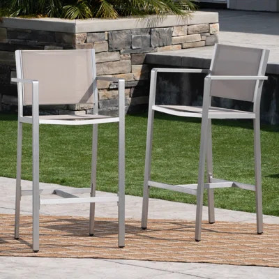 Set Of 2 Outdoor Barstools - 29.5" Seat Silver Rust-proof Aluminum Frame, Grey Mesh | Wayfair North America