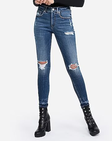 high waisted denim perfect dark wash ripped ankle leggings | Express