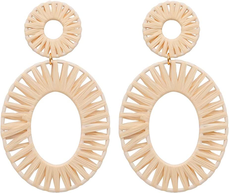 Handmade Raffia Earrings Lightweight Geometric Straw Dangle Earrings for Women | Amazon (US)