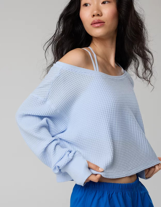 OFFLINE By Aerie Wow! Waffle Long Sleeve Off The Shoulder T-Shirt Women's Eyelet Blue XXL | Aerie