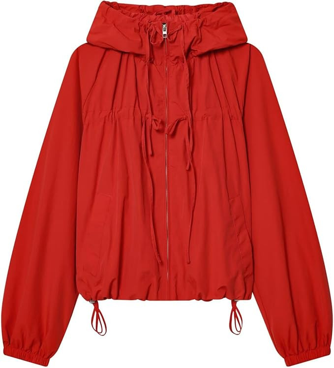 Women's Gathered Hooded Jacket Casual Loose Fit Bow Detail Coat Drawstring Hem Long Sleeve Outerw... | Amazon (US)