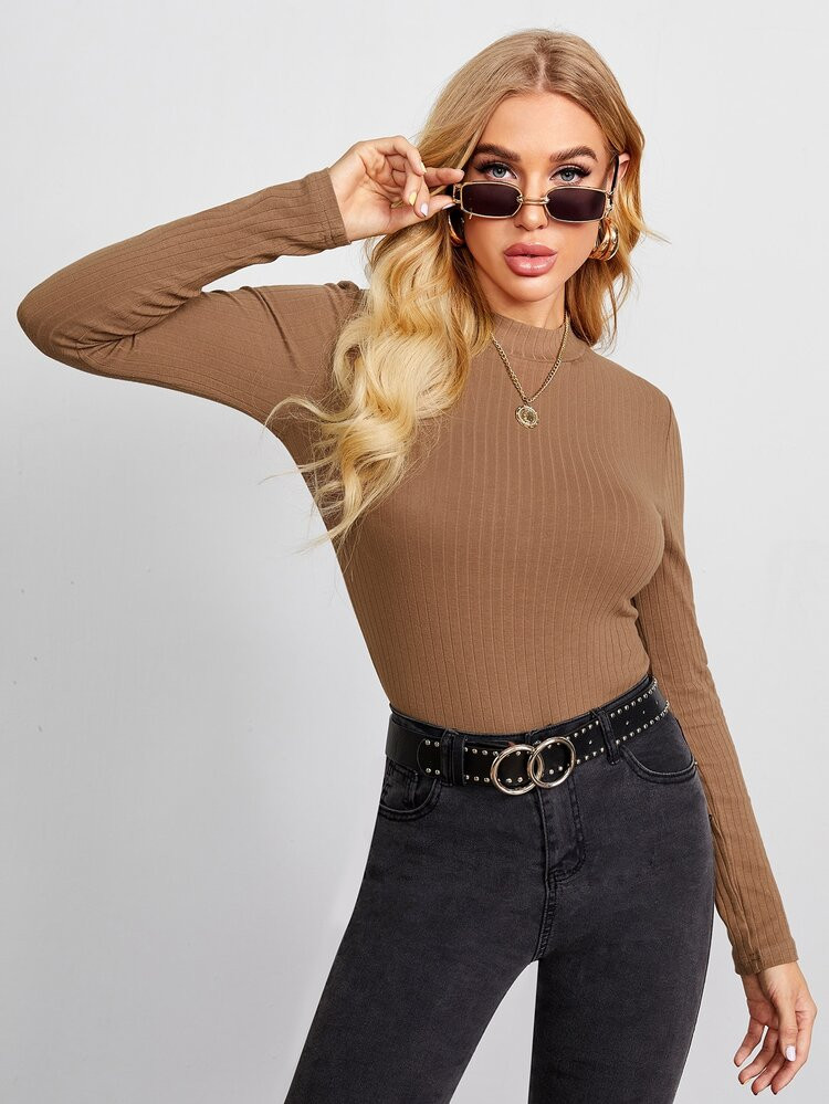 SHEIN Mock-Neck Rib-knit Top | SHEIN