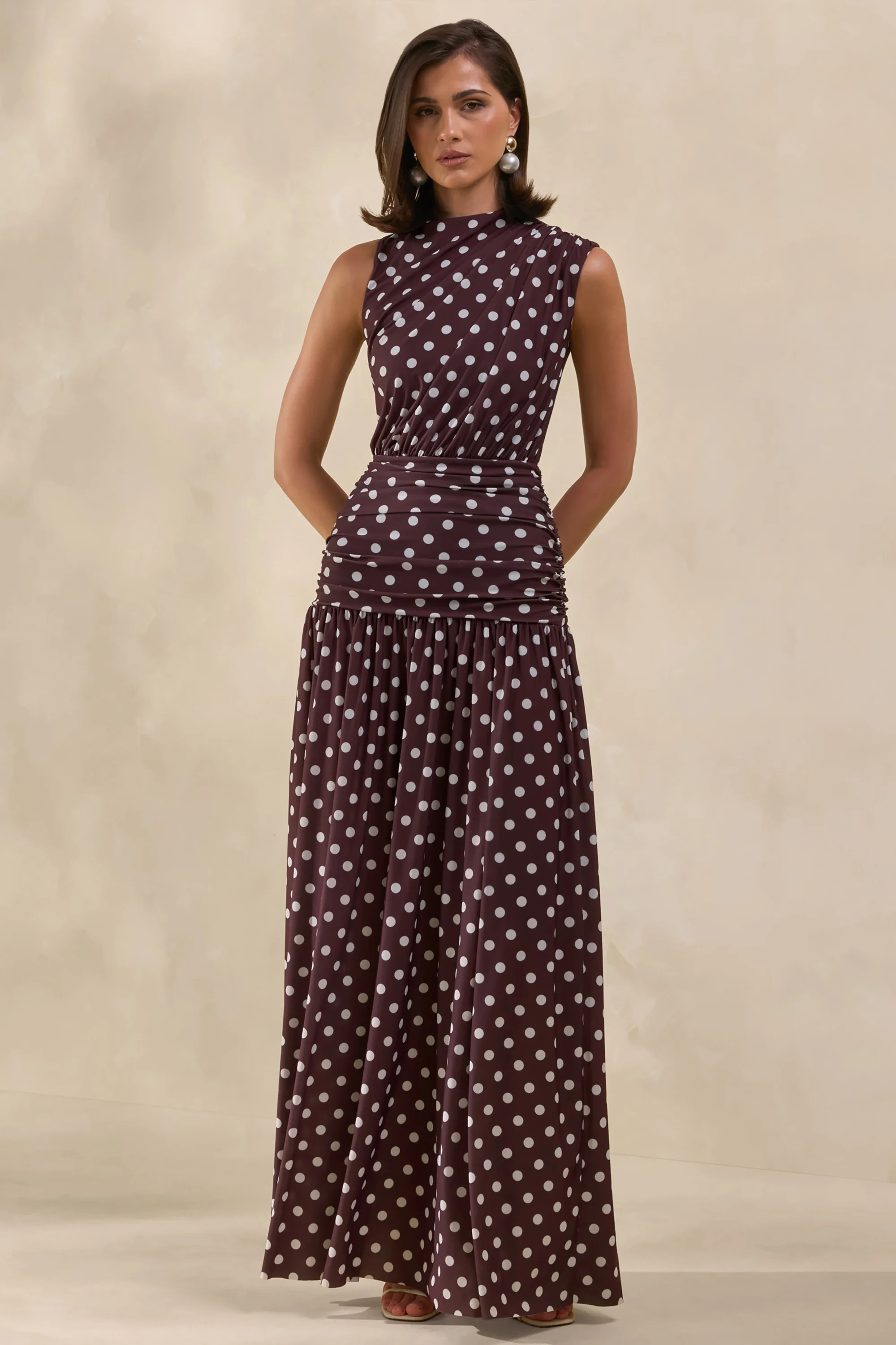 Kelis | Brown Polka-Dot High-Neck Maxi Dress With Draped Detailing | Club L London