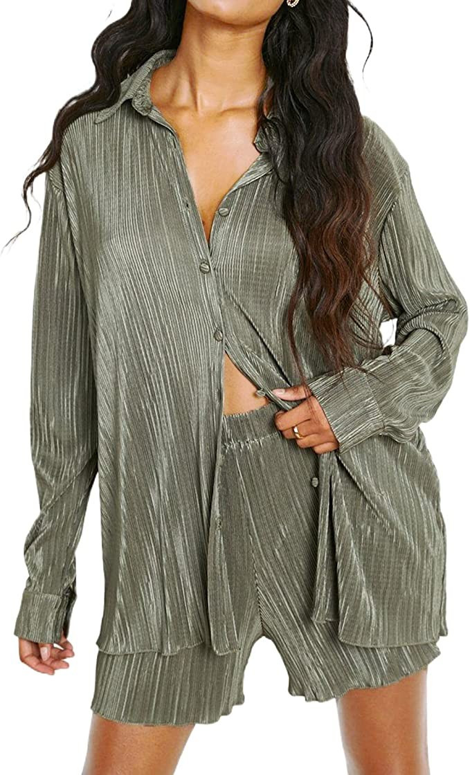 Women Y2k 2 Piece Shorts Set Long Sleeve Button Down Shirt with High Waist Ruffle Shorts Pleated ... | Amazon (US)