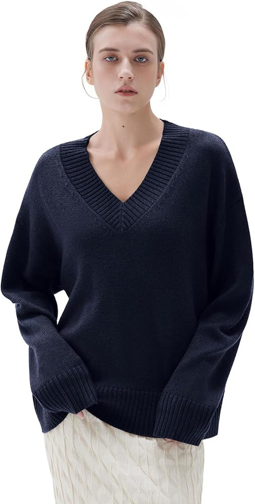 SUUKSESS Women Cashmere Oversized V Neck Pullover Sweaters Long Sleeve Jumpers | Amazon (US)
