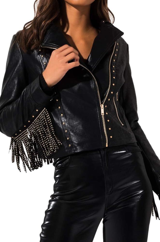 Azalea Wang Long Sleeve Faux Vegan Leather Round Studded Fringe Back Moto Jacket | Amazon (US)