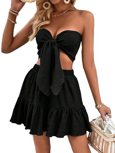 MakeMeChic Women's 2 Piece Outfits Knot Front Strapless Bandeau Tube Top High Waist A Line Skirt Set Black Small | Amazon (US)