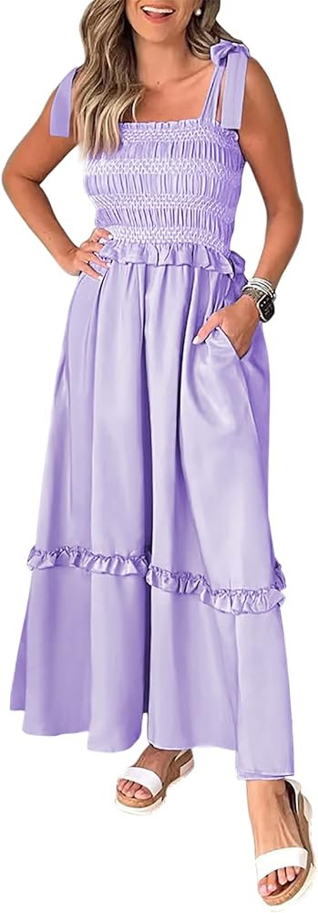 Beiranduo Women's Maxi Dress Summer Sleeveless Square Neck Spaghetti Strap Smocked A-Line Long Dress | Amazon (US)