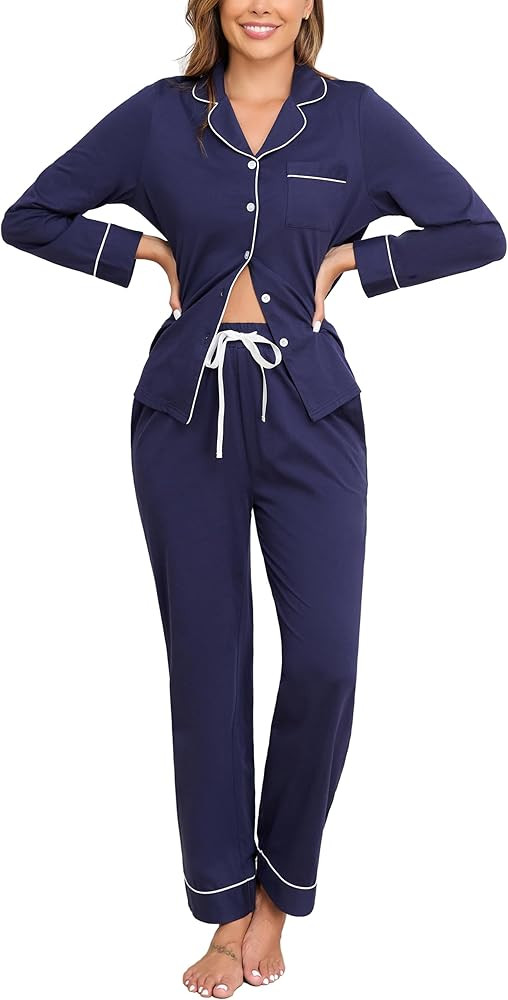 Veseacky 100% Cotton Pajamas for Women Set Long Sleeve Button Down Sleepwear Soft Pjs Lounge Sets... | Amazon (US)