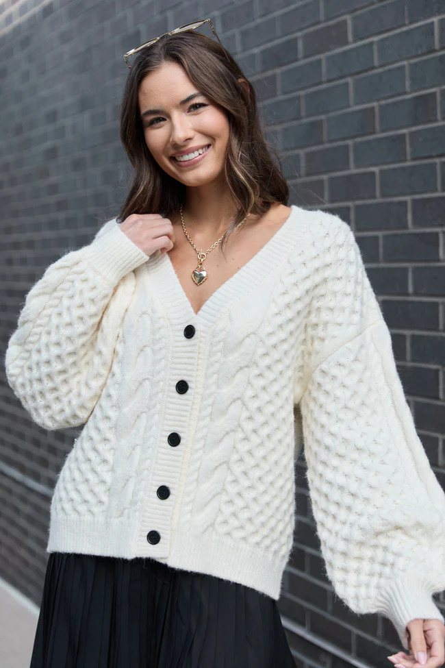 Louisa Ivory Cable Knit Cardigan DOORBUSTER | Pink Lily