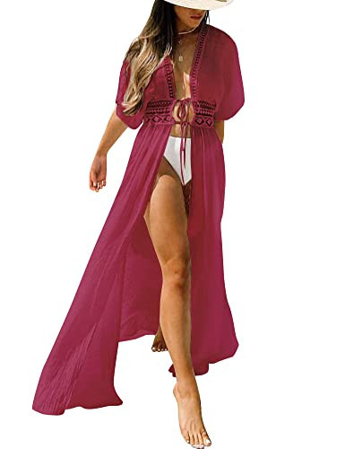 FANCYINN Women Long Lace Cover Up Bohemian Kimono Sheer Lace Tie Front Beachwear Crochet Dress Wine L | Amazon (US)