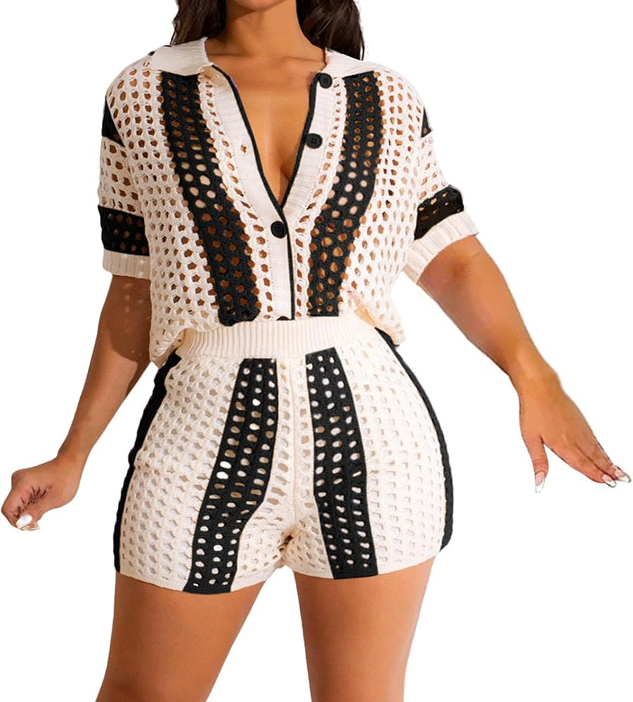 VOIKERDR Shorts Sets Women 2 Piece Outfits Crochet Hollow Out Shirt and Shorts Summer Vacation Be... | Amazon (US)