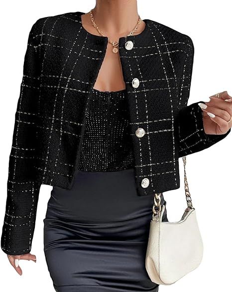 Womens Plaid Tweed Blazer Jacket Cropped Open Front Collarless Casual Business Work Office Crop F... | Amazon (US)