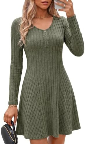 Dokotoo Dresses for Women Long Sleeve Button V Neck Lightweight Ribbed Knit Casual Babydoll A Lin... | Amazon (US)