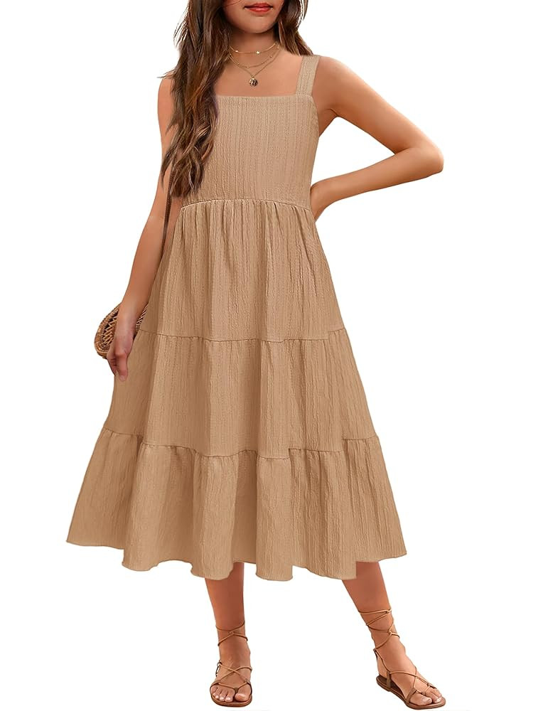 Arshiner Girl's Sundresses Summer Boho Strap Tiered Cami Maxi Dresses with Pockets | Amazon (US)