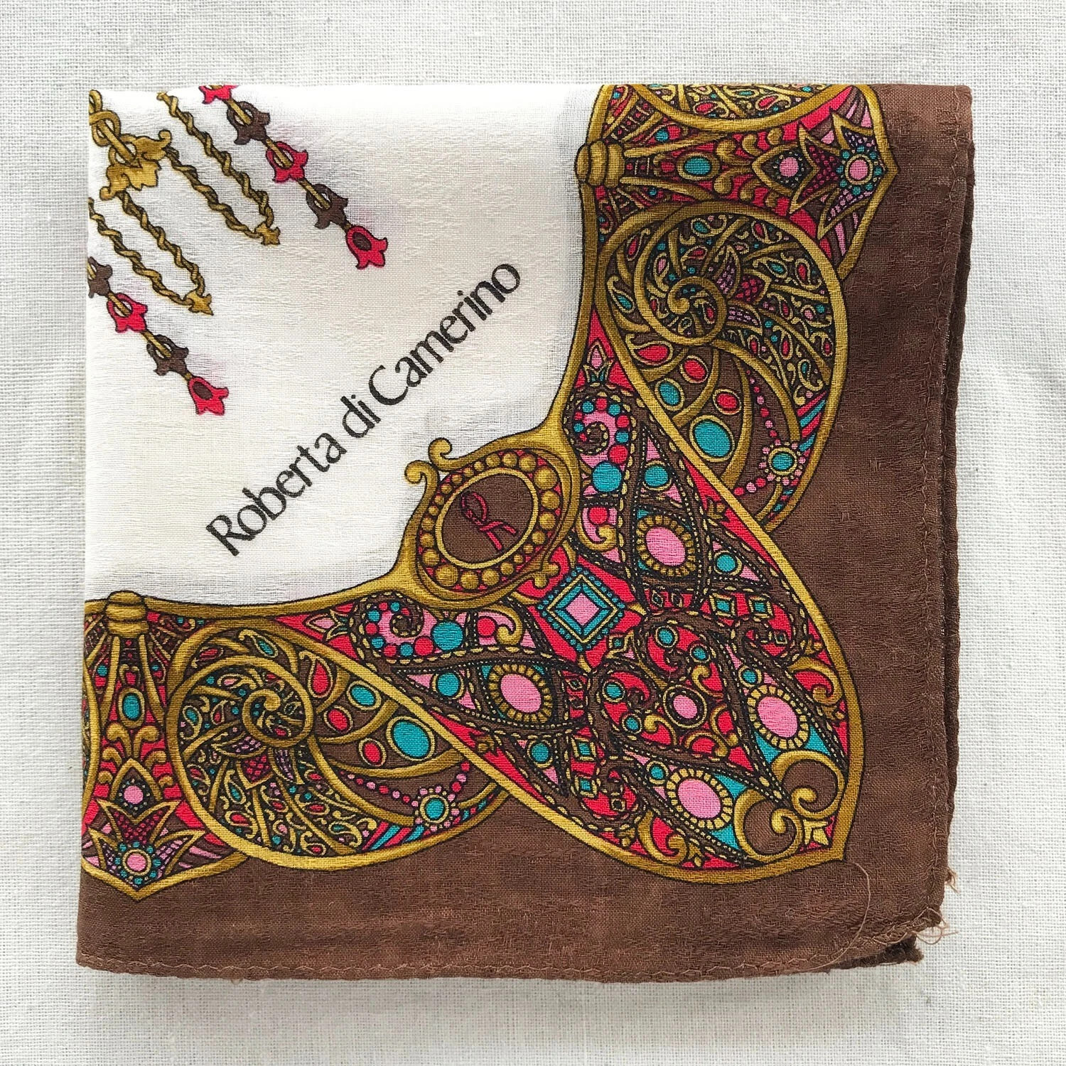 VTG Handkerchief Brown Fabric Woven Gold Chain Gem Ornament Pattern Scarf 19" | eBay US