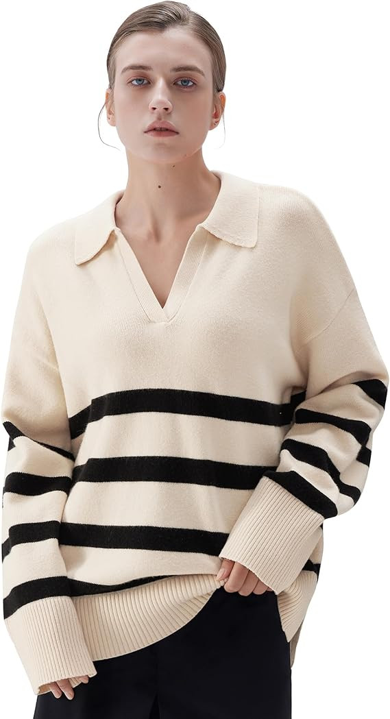 SUUKSESS Women Cashmere Oversized V Neck Pullover Sweaters Long Sleeve Collared Knit Jumper Tops | Amazon (US)