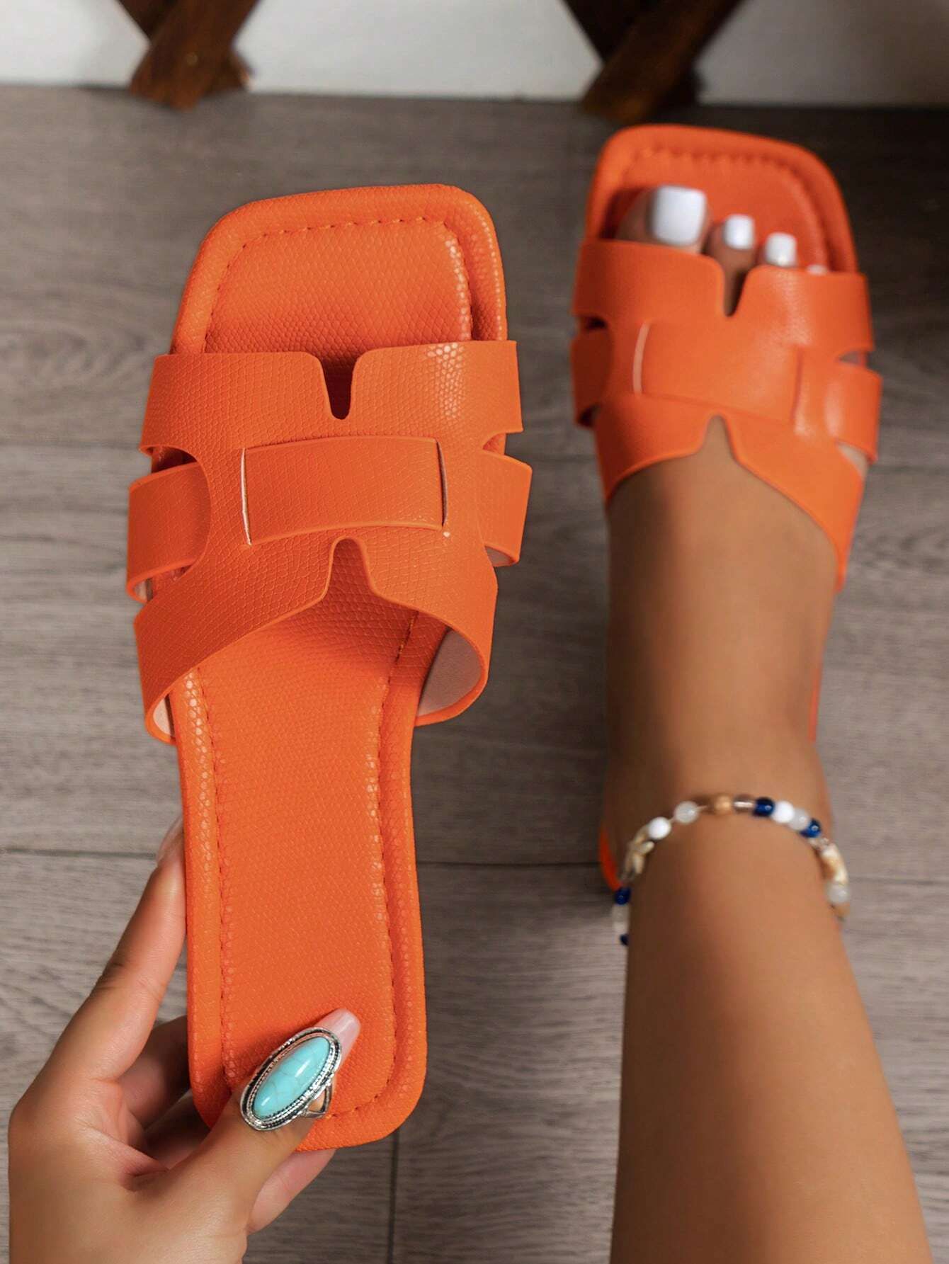 Ladies' Orange Snake Print Flat Sandals | SHEIN
