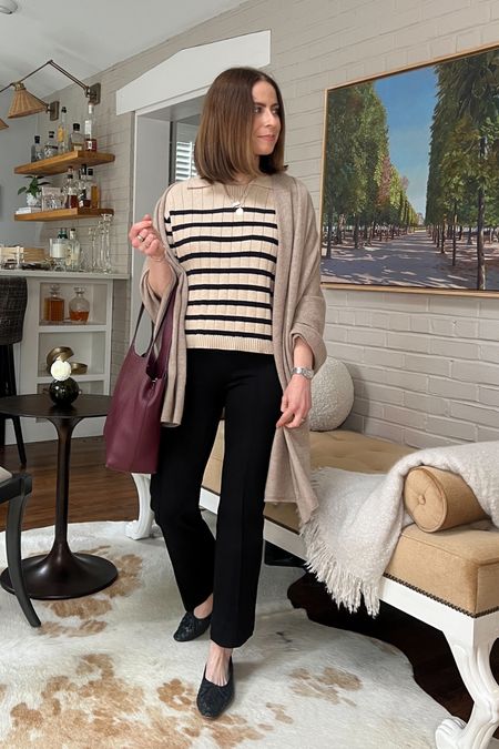 Black kick flare ponte pant banana republic 
Striped knit polo top Wyeth
Black woven leather ballet flat loeffler randall
Burgundy tote
Beige cashmere wrap

Travel ready outfit
Travel inspired outfit 

#LTKstyletip
