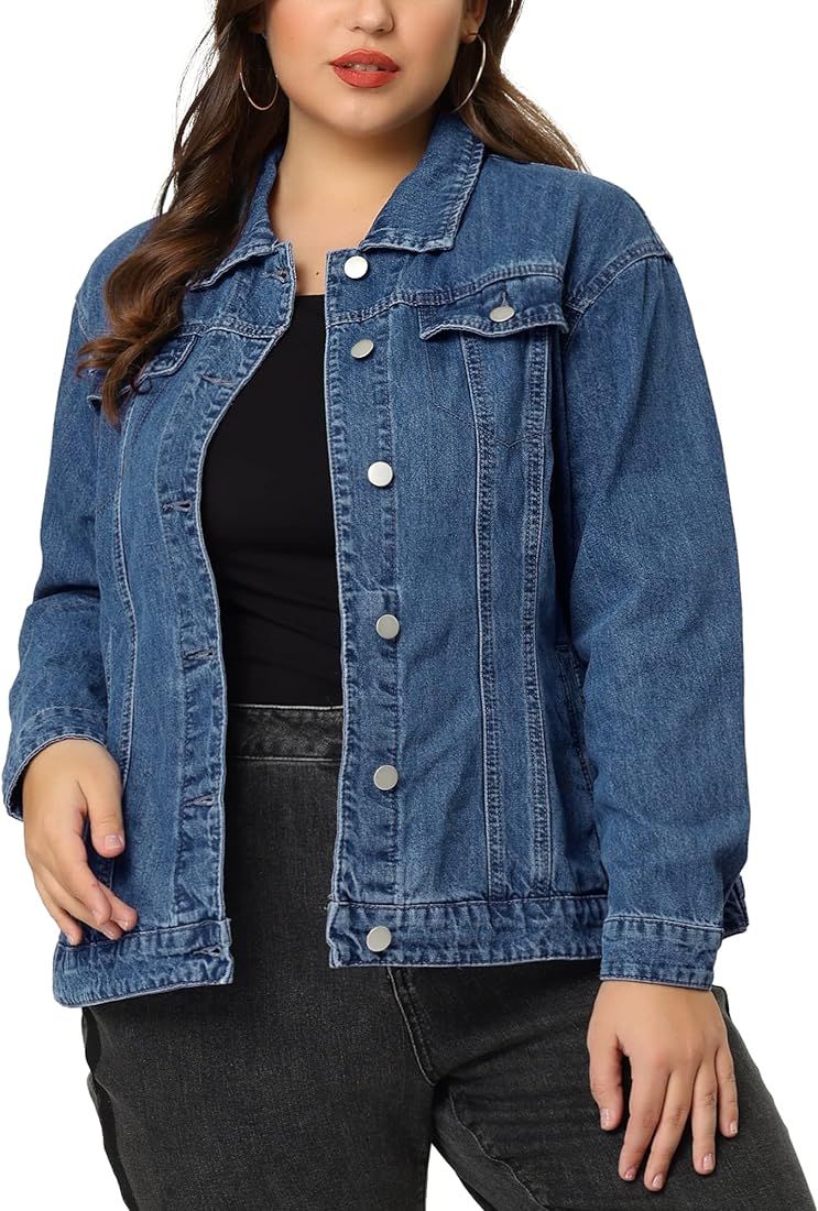 uxcell Women's Plus Size Stitching Button Front Washed Denim Jacket | Amazon (US)