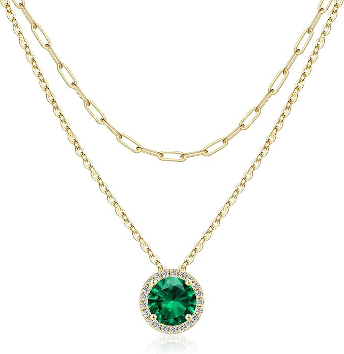 MONOOC Layered Birthstone Necklace for Women, 14K Solid Gold Over Paperclip Chain Necklace Classi... | Amazon (US)