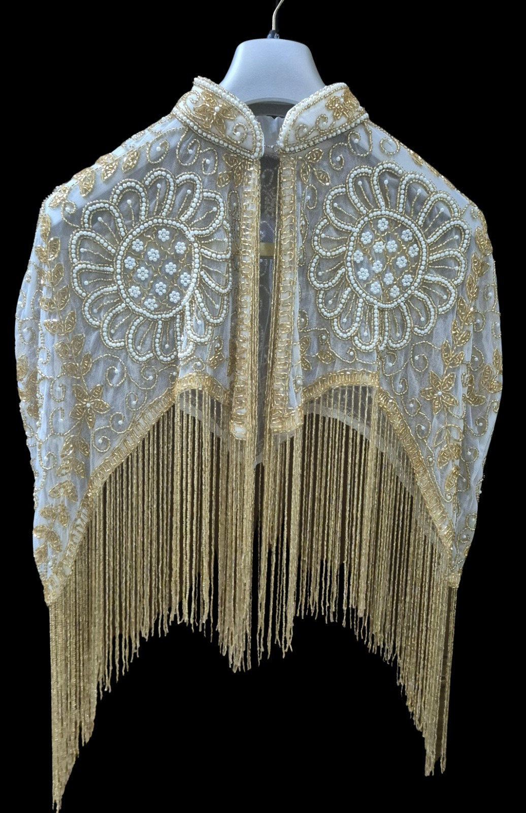 Vintage Golden White Beaded Mesh Caplet Collar Scarf with Fringe & Sequins | eBay US
