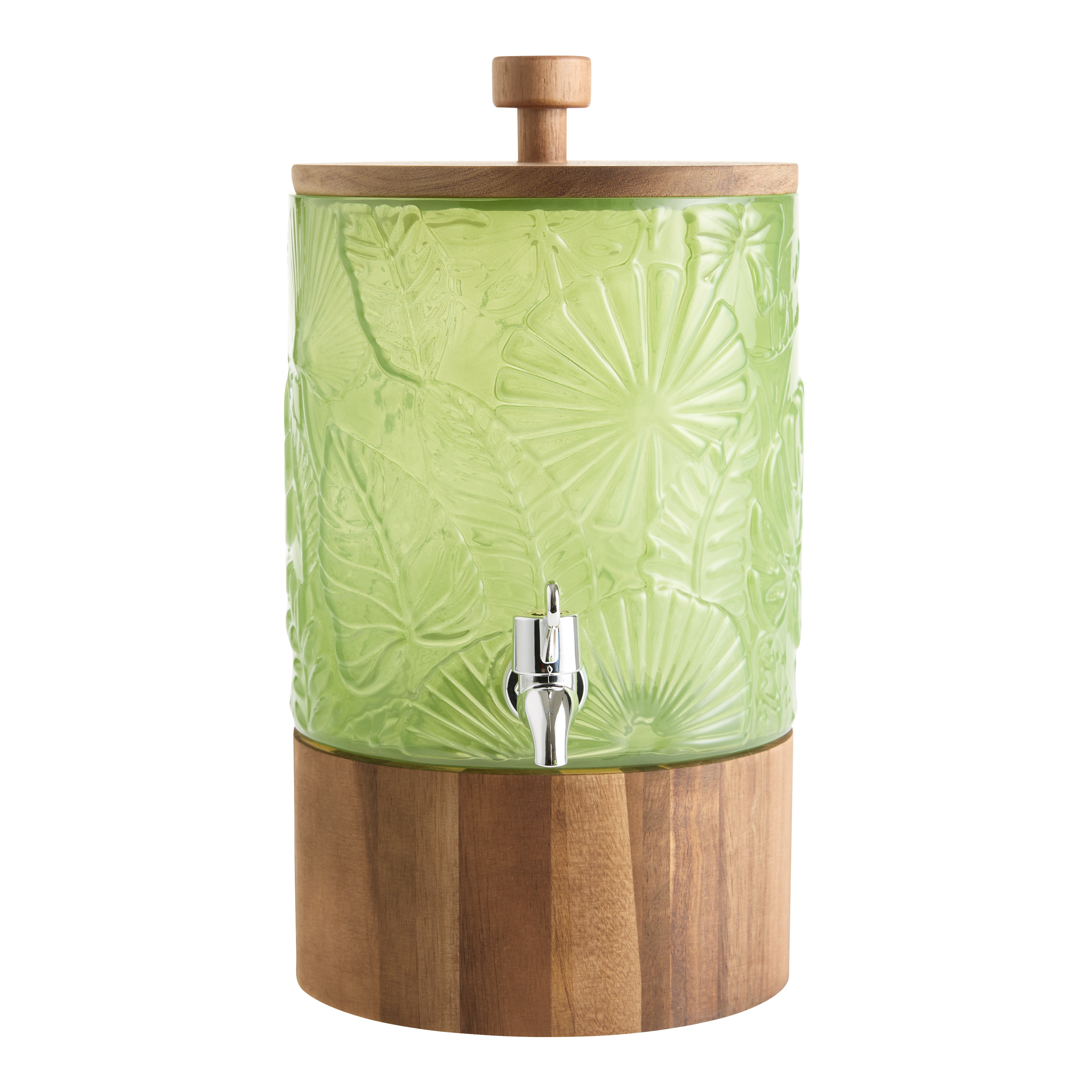 Green Glass and Wood Monstera Leaf Drink Dispenser with Stand | World Market