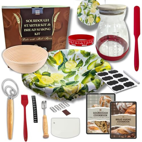 Sourdough Starter Kit Beginners | Sourdough Bread Kit | Banneton Bread Proofing Basket, Sourdough Jar, Bread Lame Dough Scoring Tool, Danish Dough Whisk, Sourdough Cookbook For Beginners Baking Kit | Amazon (US)