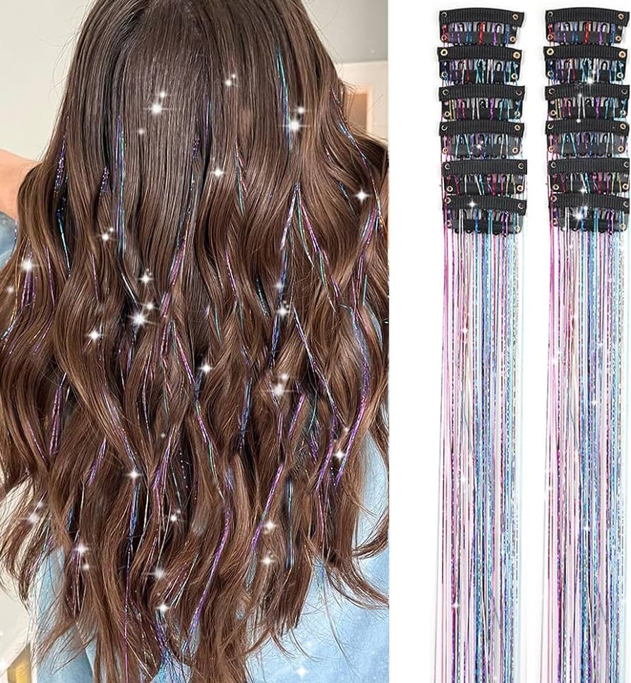 Hair Tinsel Pack of 12 Pcs Clip in Hair Tinsel 20 Inch Colorful Glitter Tinsel Hair Extensions Ti... | Amazon (US)