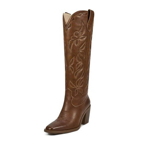 ISNOM Brown Knee High Cowboy Cowgirl Boots for Women - Womens Western Country Tall Long Cowgirl Cowboy Boots with Almond Toe Square Toe for Party Holiday Travel Size 9.5 | Amazon (US)