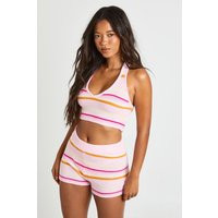 boohoo Women's Crochet Stripe Halterneck Top & Short Set in Pink | Size: Small | boohoo (US & Canada)