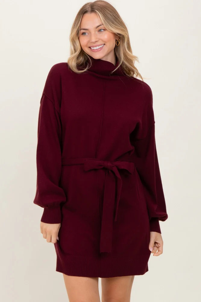 Burgundy Turtleneck Belted Mini Sweater Dress | PinkBlush Maternity