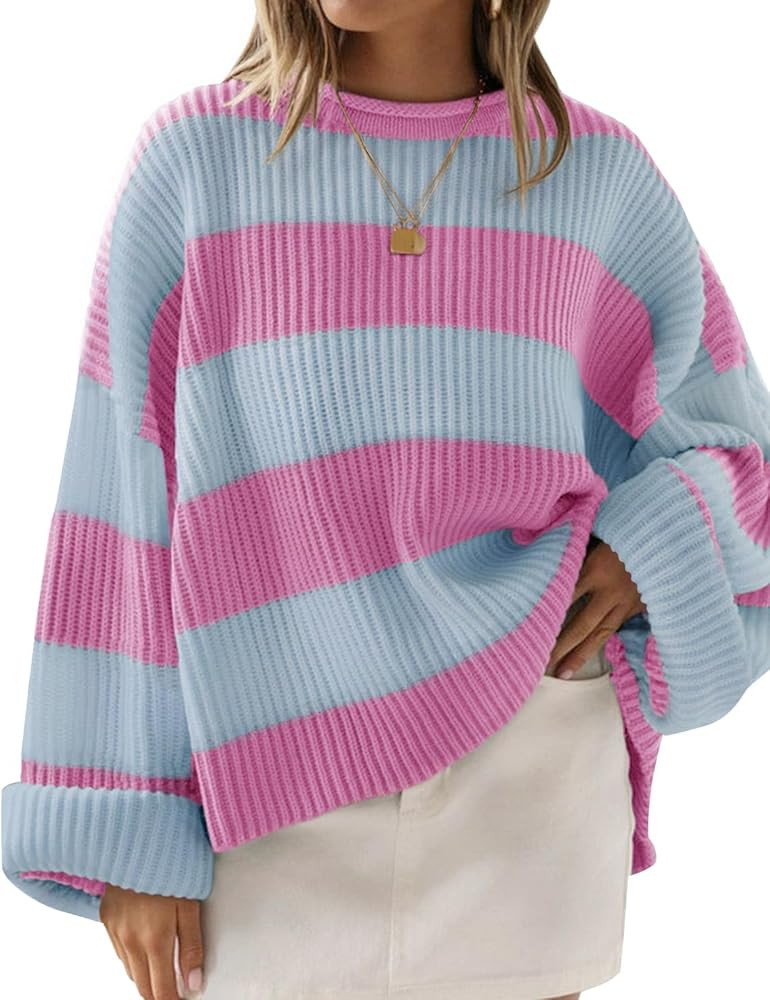 ZESICA Women's 2026 Fall Long Sleeve Oversized Striped Color Block Comfy Loose Crew Neck Knitted ... | Amazon (US)