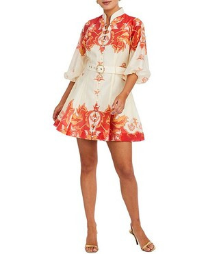 Mestiza New York Valencia Linen Blend Printed Organza Mandarin Collar Elbow Sleeve Belted Mini Dr... | Dillard's