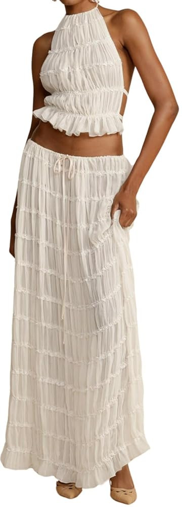 Womens Y2k Maxi Skirt Set Backless Lace Halter Crop Top and Long Skirt Sets Beach Cocktail Club D... | Amazon (US)